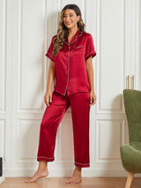 [Mørkerød] SilkSilky-NO Short Sleeve Lapel Collar Pyjamas for Kvinner 002