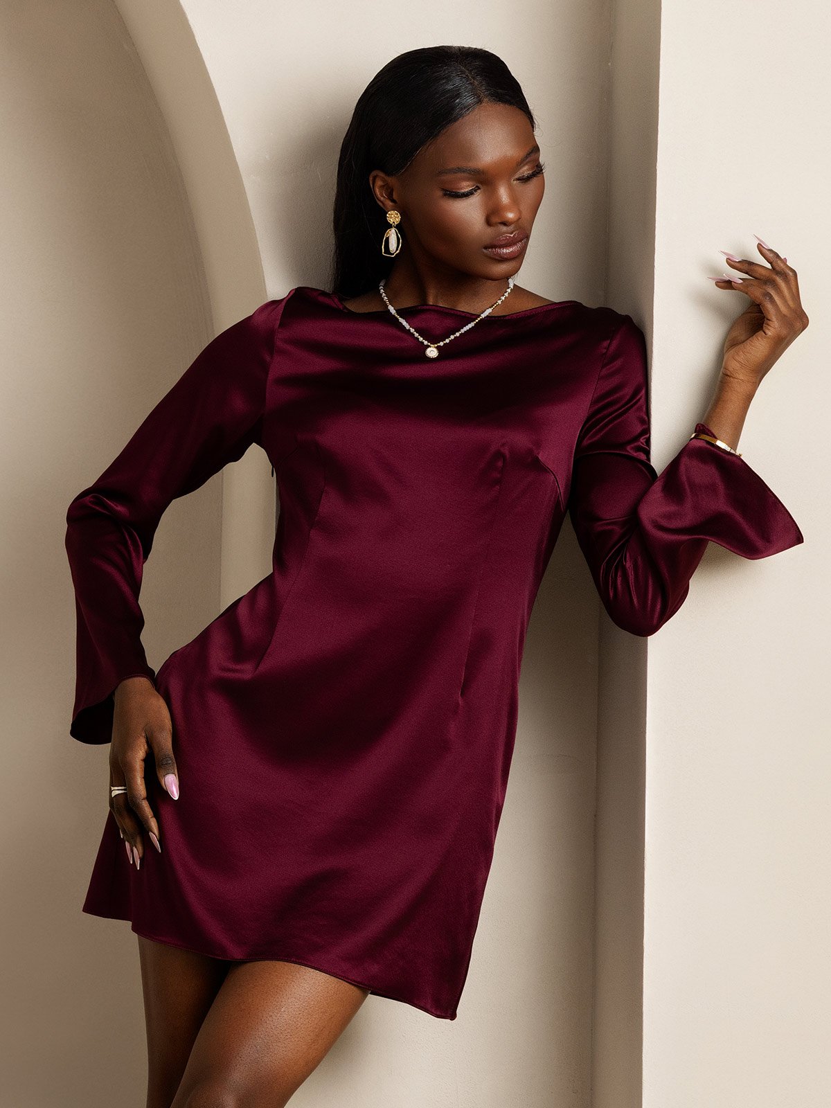 [Mørkerød] SilkSilky-NO Long Sleeve Boat Neck Kjole 001
