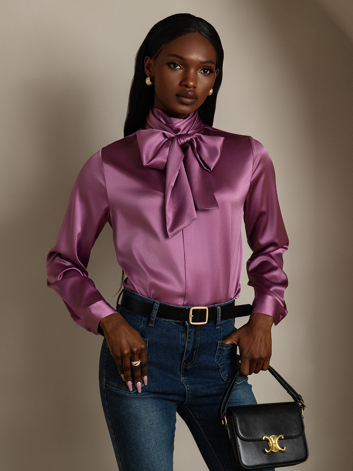 [Mørklilla] SilkSilky-NO 19Momme Silke Blouse 006