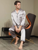 [Grå] SilkSilky-NO Long Sleeve Lapel Collar Pyjamas for menn 001