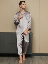 [Grå] SilkSilky-NO Long Sleeve Lapel Collar Pyjamas for menn 004