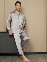 [Grå] SilkSilky-NO Long Sleeve Lapel Collar Pyjamas for menn 006