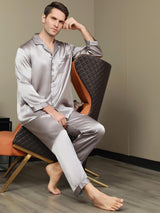 [Grå] SilkSilky-NO Long Sleeve Lapel Collar Pyjamas for menn 007