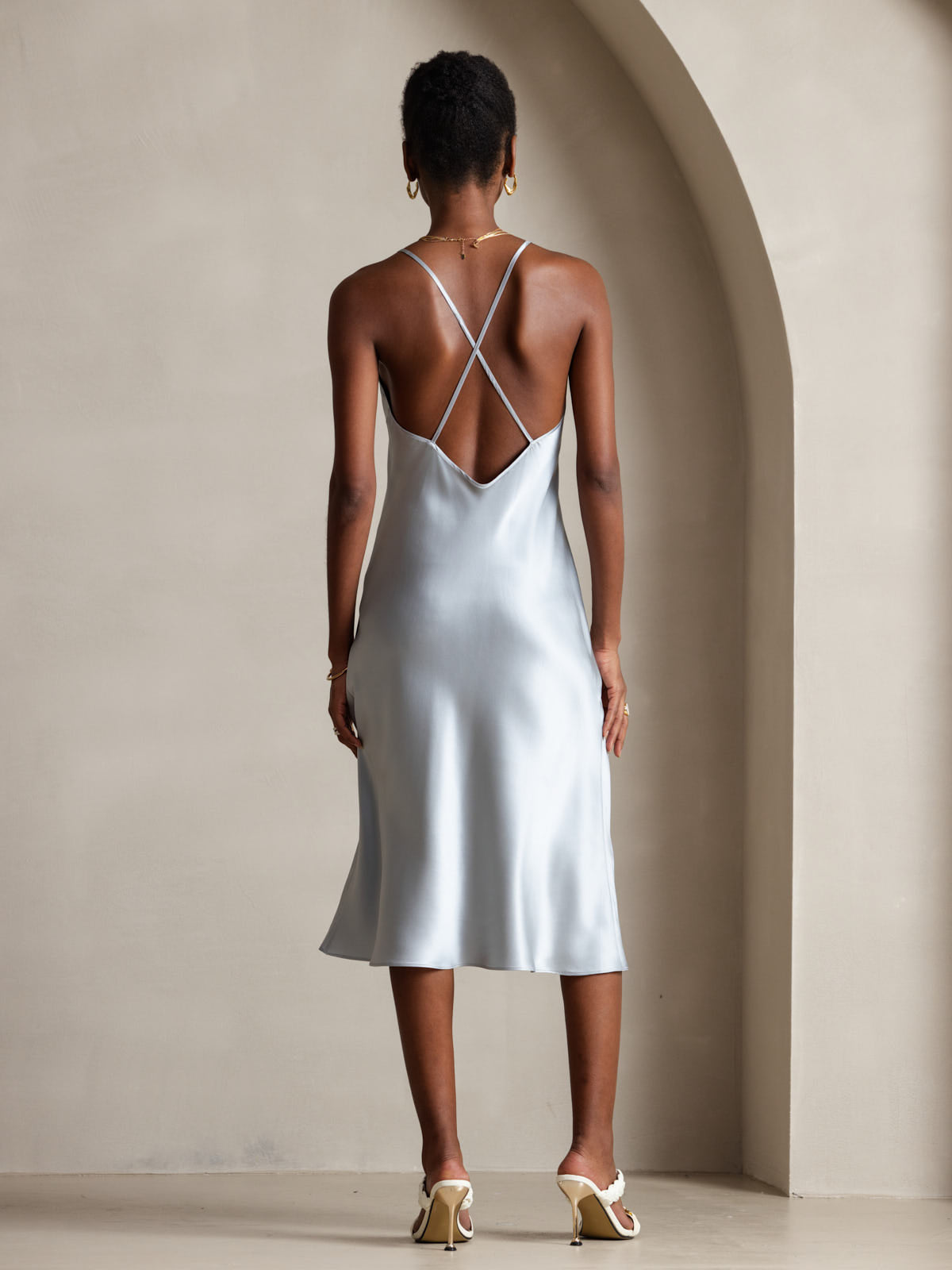 [Gråblå] SilkSilky-NO Spaghetti Strap V Neck Kjole 002
