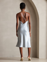 [Gråblå] SilkSilky-NO Spaghetti Strap V Neck Kjole 002