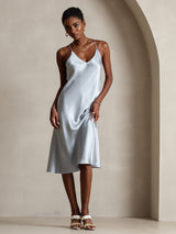 [Gråblå] SilkSilky-NO Spaghetti Strap V Neck Kjole 003