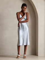 [Gråblå] SilkSilky-NO Spaghetti Strap V Neck Kjole 006
