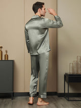 [Grågrønn] SilkSilky-NO Long Sleeve Lapel Collar Pyjamas for menn 002
