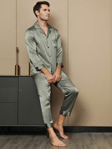 [Grågrønn] SilkSilky-NO Long Sleeve Lapel Collar Pyjamas for menn 003