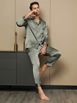 [Grågrønn] SilkSilky-NO Long Sleeve Lapel Collar Pyjamas for menn 004