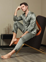[Grågrønn] SilkSilky-NO Long Sleeve Lapel Collar Pyjamas for menn 005
