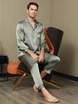 [Grågrønn] SilkSilky-NO Long Sleeve Lapel Collar Pyjamas for menn 006