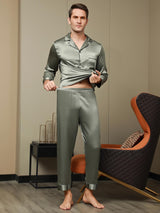[Grågrønn] SilkSilky-NO Long Sleeve Lapel Collar Pyjamas for menn 007