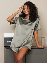 [Grågrønn] SilkSilky-NO Short Sleeve Round Neck Pyjamas for Kvinner 004