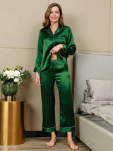 [Grønn] SilkSilky-NO Long Sleeve Lapel Collar Pyjamas for Kvinner 005
