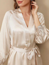 [Elfenbein] SilkSilky-NO 3/4 Sleeve V Neck Nattkjole og Morgenkåpesett 009