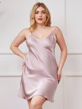 [Lavendel] SilkSilky-NO Spaghetti Stropp V Hals Plus Size Dress 001