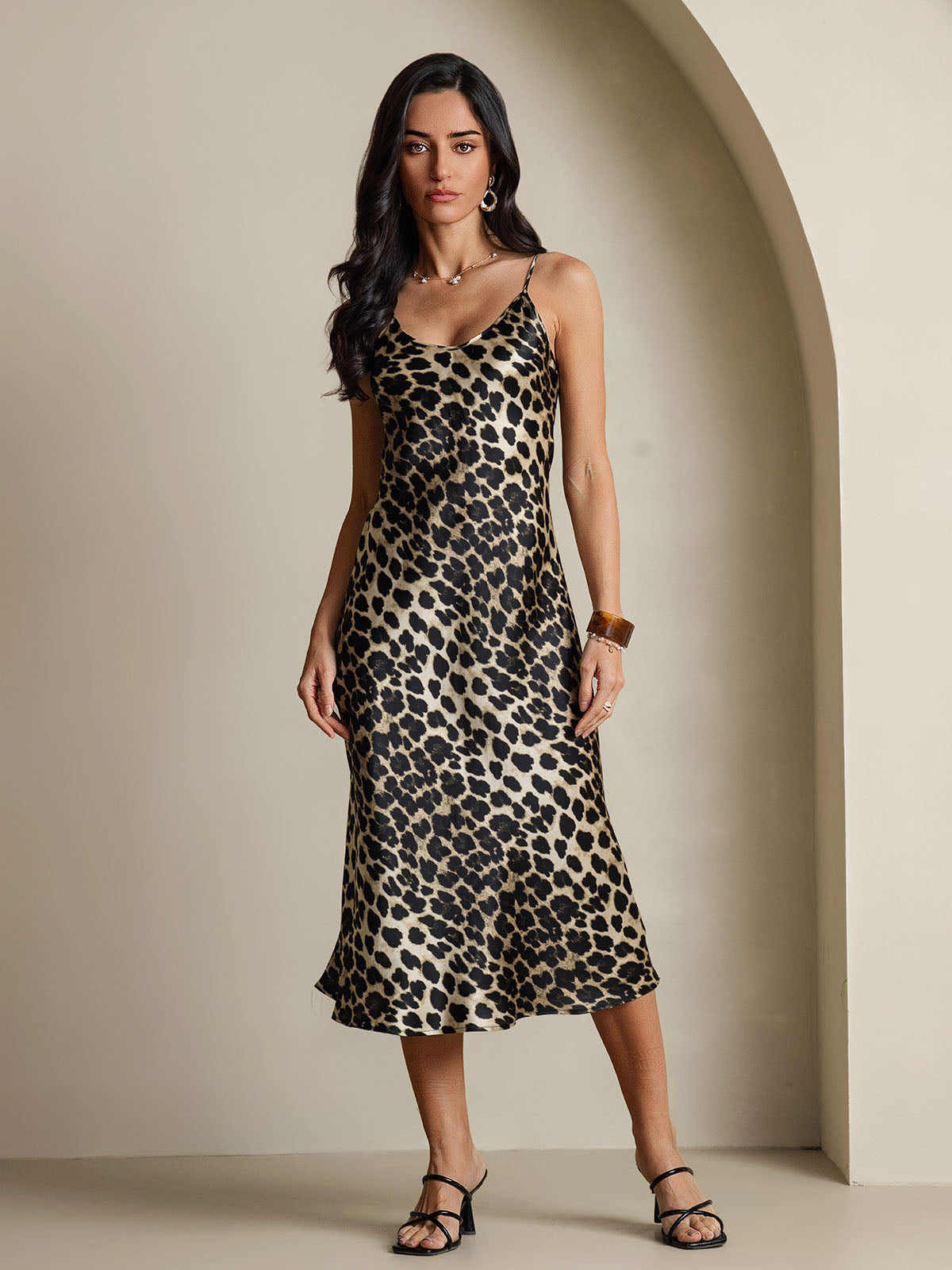 [Leopard] SilkSilky-NO Spaghetti Strap V Neck Kjole 001