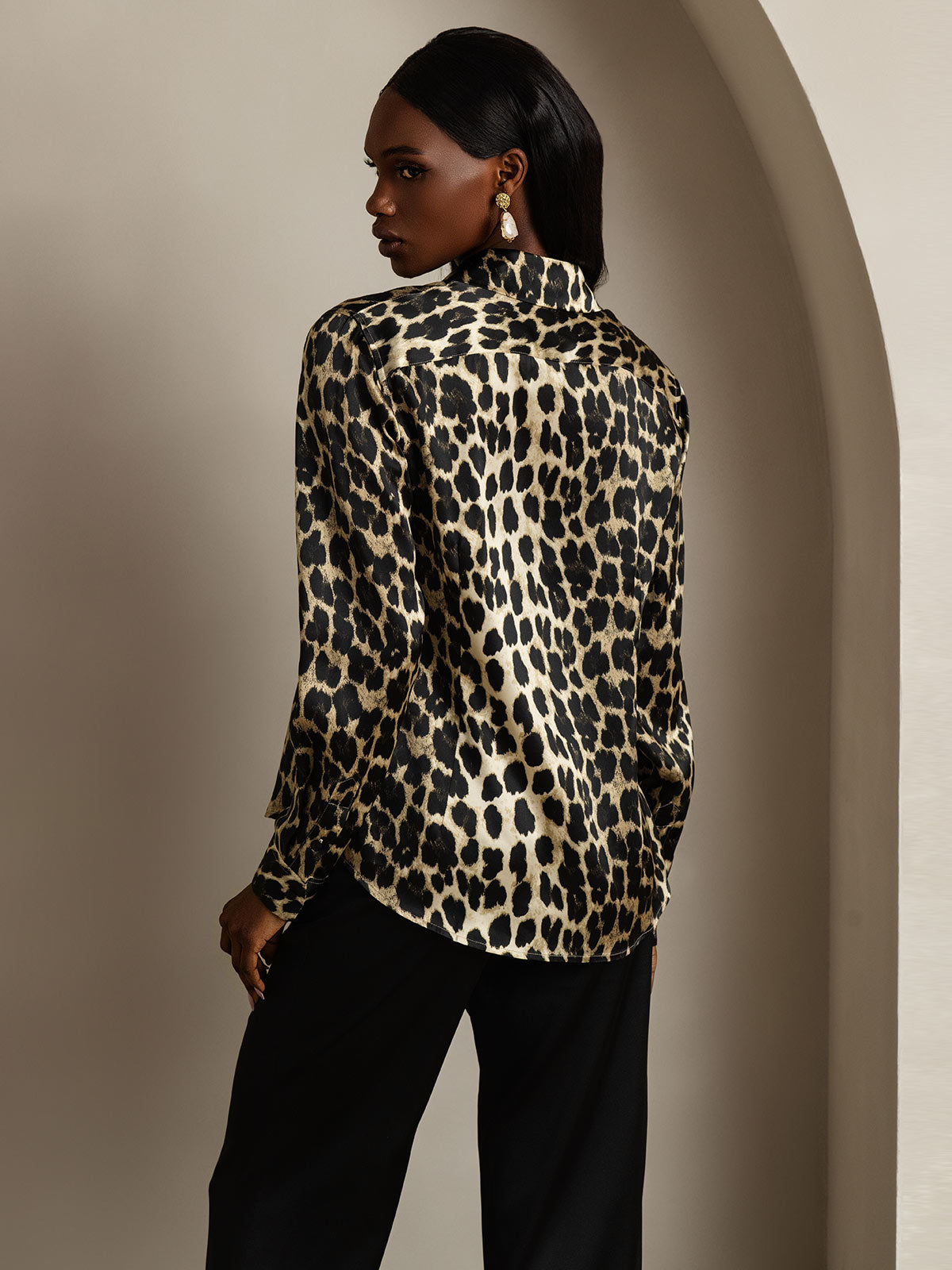 [Leopard] SilkSilky-NO Long Sleeve Lapel Collar Skjorte for Kvinner 002