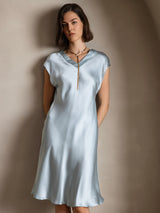 [Lyse Blå] SilkSilky-NO Cap Sleeve V Neck Kjole 003