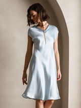 [Lyse Blå] SilkSilky-NO Cap Sleeve V Neck Kjole 004