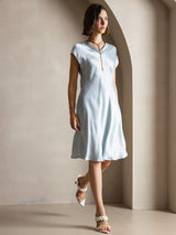 [Lyse Blå] SilkSilky-NO Cap Sleeve V Neck Kjole 006