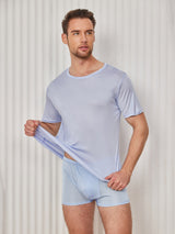 [Lyse Blå] SilkSilky-NO Kort erm Tett Crew Neck T-skjorte for Menn 003