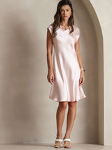 [Rosa] SilkSilky-NO Cap Sleeve V Neck Kjole 003