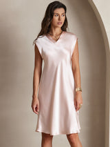 [Rosa] SilkSilky-NO Cap Sleeve V Neck Kjole 006