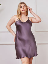 [Lilla Grå] SilkSilky-NO Spaghetti Stropp V Hals Plus Size Dress 003