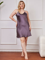 [Lilla Grå] SilkSilky-NO Spaghetti Stropp V Hals Plus Size Dress 005
