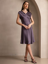 [Lilla Grå] SilkSilky-NO Cap Sleeve V Neck Kjole 001