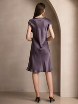 [Lilla Grå] SilkSilky-NO Cap Sleeve V Neck Kjole 002