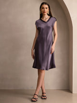 [Lilla Grå] SilkSilky-NO Cap Sleeve V Neck Kjole 003