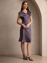 [Lilla Grå] SilkSilky-NO Cap Sleeve V Neck Kjole 004