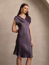 [Lilla Grå] SilkSilky-NO Cap Sleeve V Neck Kjole 006