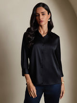 [Svart] SilkSilky-NO 19Momme 3/4 erme Slagkrage Skjorte for Kvinner 001