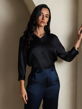 [Svart] SilkSilky-NO 19Momme 3/4 erme Slagkrage Skjorte for Kvinner 003