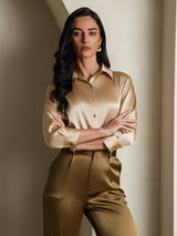 [Champagne] SilkSilky-NO 19Momme 3/4 erme Slagkrage Skjorte for Kvinner 001