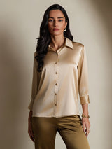 [Champagne] SilkSilky-NO 19Momme 3/4 erme Slagkrage Skjorte for Kvinner 003