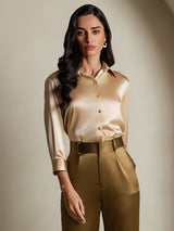 [Champagne] SilkSilky-NO 19Momme 3/4 erme Slagkrage Skjorte for Kvinner 004