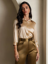 [Champagne] SilkSilky-NO 19Momme 3/4 erme Slagkrage Skjorte for Kvinner 005