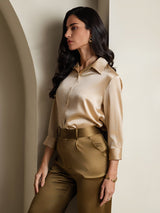 [Champagne] SilkSilky-NO 19Momme 3/4 erme Slagkrage Skjorte for Kvinner 006