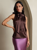 [Kaffe] SilkSilky-NO 19Momme Ermeløs Sløyfe-Krage Bluse 001