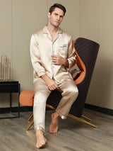[Tan] SilkSilky-NO Long Sleeve Lapel Collar Pyjamas for menn 001