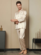 [Tan] SilkSilky-NO Long Sleeve Lapel Collar Pyjamas for menn 002