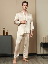 [Tan] SilkSilky-NO Long Sleeve Lapel Collar Pyjamas for menn 003
