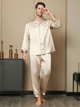[Tan] SilkSilky-NO Long Sleeve Lapel Collar Pyjamas for menn 005