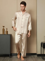 [Tan] SilkSilky-NO Long Sleeve Lapel Collar Pyjamas for menn 007