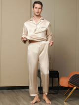 [Tan] SilkSilky-NO Long Sleeve Lapel Collar Pyjamas for menn 010